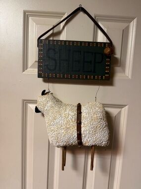 Handmade ~ Primitive~  Folk Art ~ Sheep & Sign ~ Hanging Wall Decoration